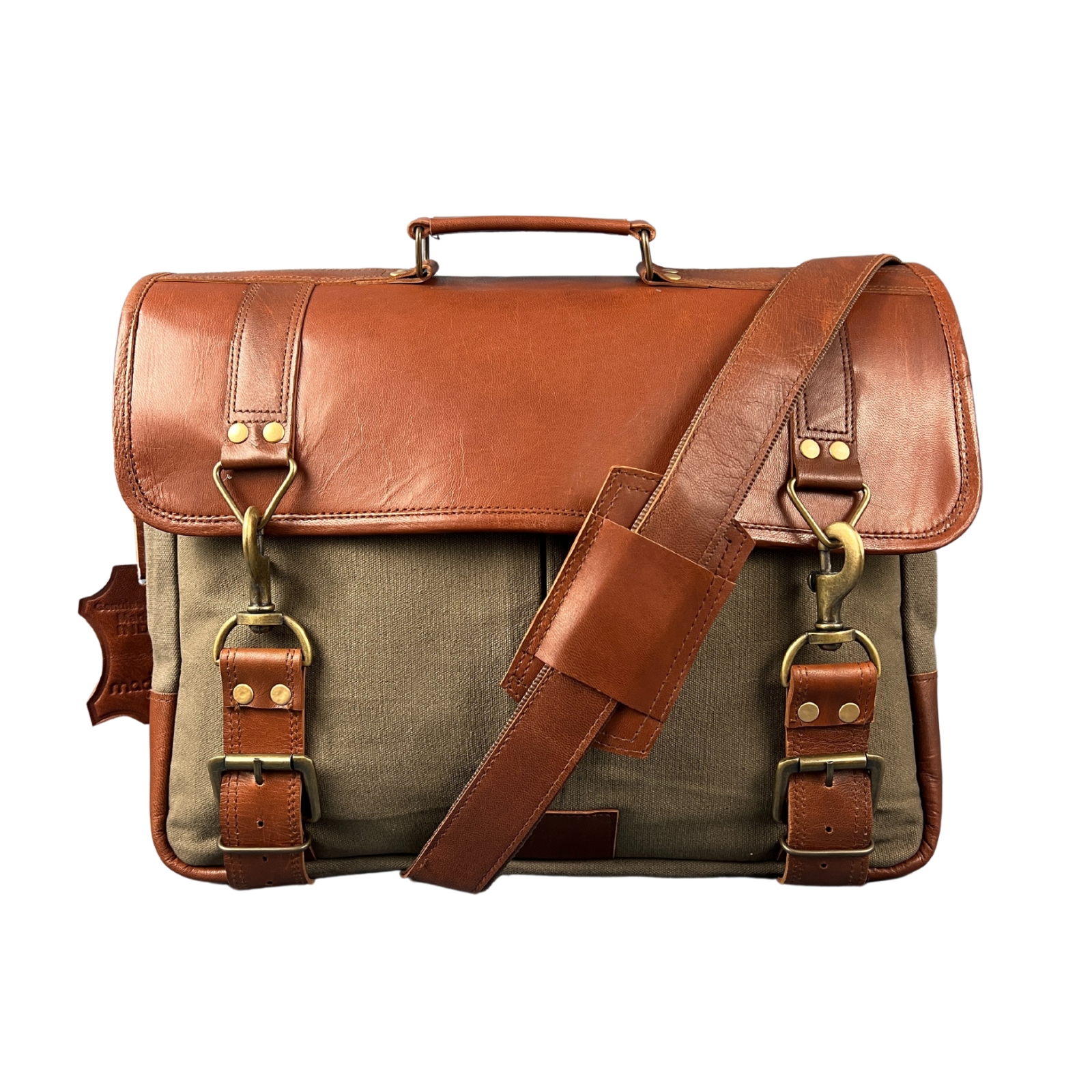 Madosh Genuine Brown Leather  Canvas Laptop Men’s Briefcase Side Crossbody Office Shoulder Business Messenger Laptop Handbag for men
